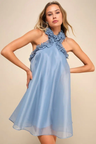 Lulus Perfect Stunner Slate Blue Organza Ruffled Halter Mini Dress