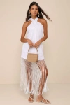 Lulus Perfect Sunshine White Linen Fringe Halter Maxi Dress In White