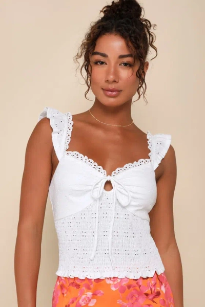 Lulus Perfect Sweetness White Eyelet Ruffled Keyhole Smocked Top