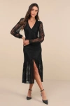 Lulus Perfect Tendencies Black Lace Button-front Midi Dress In Black
