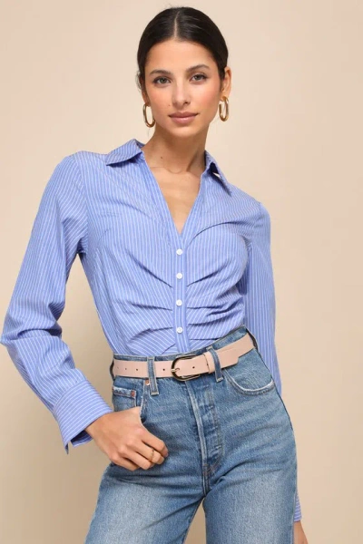 Lulus Perfect Upgrade Blue Striped Ruched Cropped Button-up Top