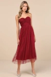 Lulus Perfect Whimsy Burgundy Mesh Strapless Midi Dress In Burgundy