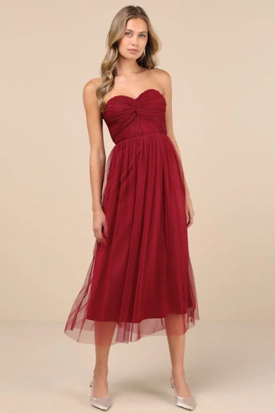 Lulus Perfect Whimsy Burgundy Mesh Strapless Midi Dress