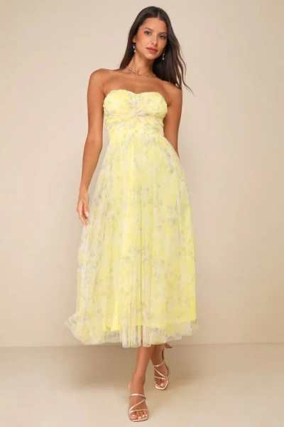 Lulus Perfect Whimsy Yellow Floral Mesh Strapless Midi Dress