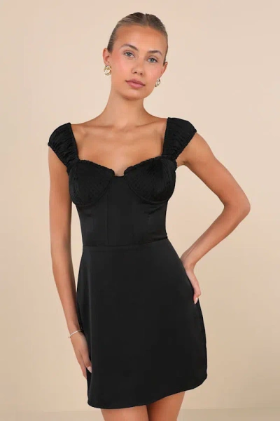 Lulus Perfected Aesthetic Black Satin Ruffled Bustier Mini Dress