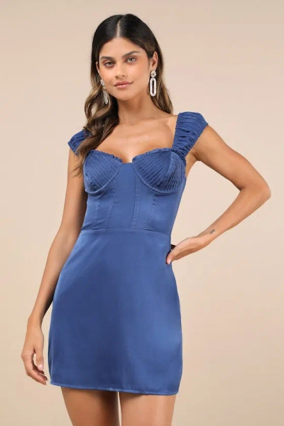 Lulus Perfected Aesthetic Cobalt Blue Satin Ruffled Bustier Mini Dress