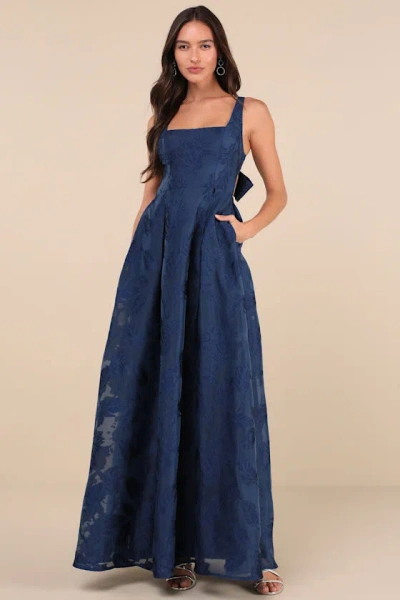 Lulus Perfected Aura Navy Jacquard Tie-back Maxi Dress With Pockets