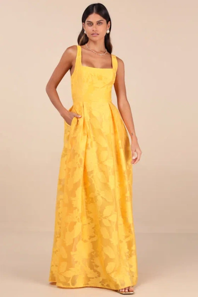 Lulus Perfected Aura Yellow Jacquard Tie-back Maxi Dress With Pockets