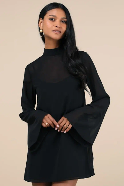 Lulus Perfected Charm Black Bell Sleeve Mini Shift Dress
