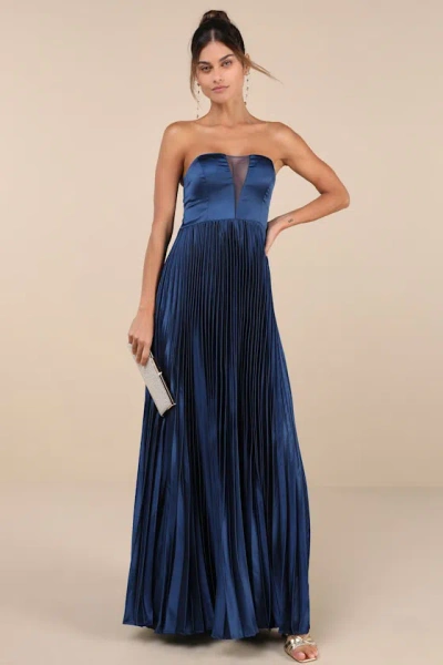 Lulus Perfected Elegance Navy Blue Satin Pleated Strapless Maxi Dress