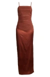 Lulus Perfected Essence Rust Brown Satin Mesh Ruched Maxi Dress In Rust Brown