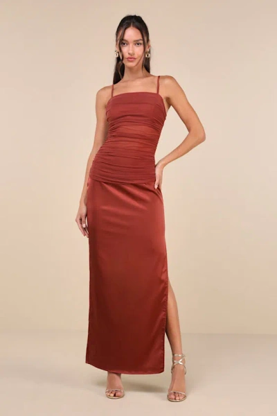 Lulus Perfected Essence Rust Brown Satin Mesh Ruched Maxi Dress
