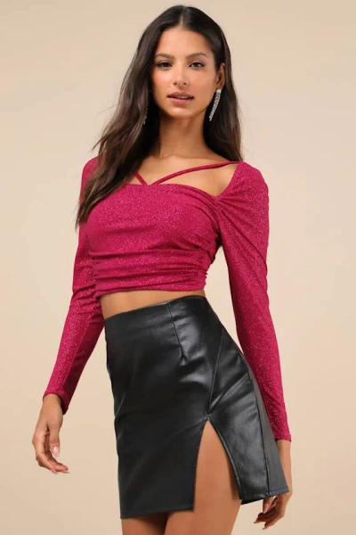 Lulus Perfected Shine Magenta Glitter Strappy Tie-back Crop Top