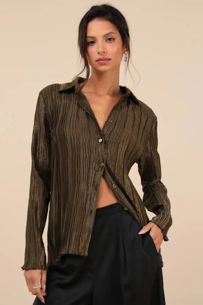 Lulus Perfected Sophistication Dark Olive Green Plisse Button-up Top