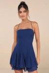 Lulus Perfected Sweetness Dark Blue Pleated Tiered Lace-up Mini Dress In Dark Blue