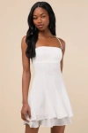 Lulus Perfected Sweetness White Pleated Tiered Lace-up Mini Dress In White