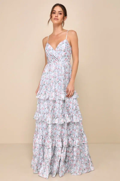Lulus Perfectly Charismatic Blue Floral Tiered Ruffled Maxi Dress