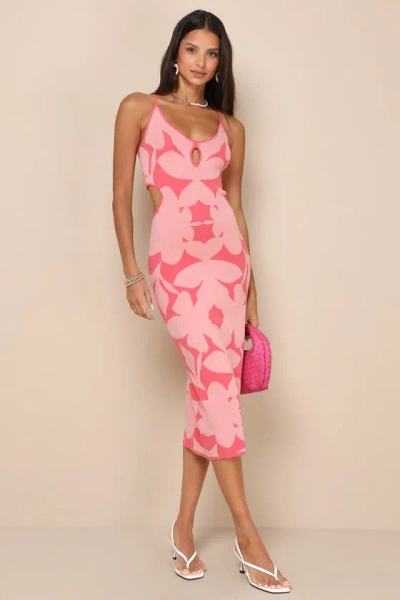 Lulus Perfectly Charming Pink Abstract Print Cutout Midi Sweater Dress