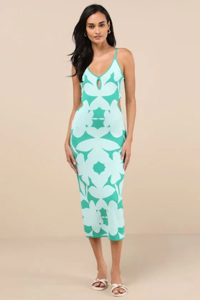 Lulus Perfectly Charming Teal Green Abstract Cutout Midi Sweater Dress