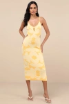 Lulus Perfectly Charming Yellow Abstract Cutout Midi Sweater Dress In Yellow