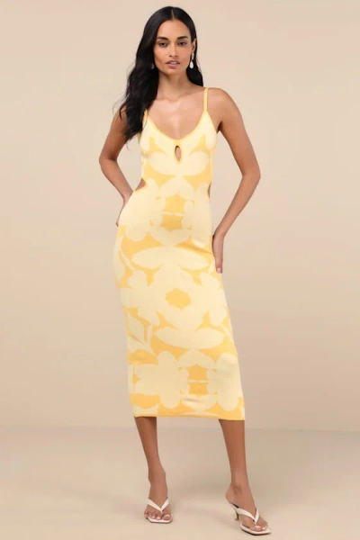Lulus Perfectly Charming Yellow Abstract Cutout Midi Sweater Dress