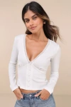 Lulus Perfectly Cherished White Knit Lace Long Sleeve Button-front Top In White