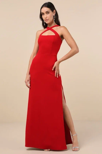 Lulus Perfectly Demure Red Backless Column Maxi Dress
