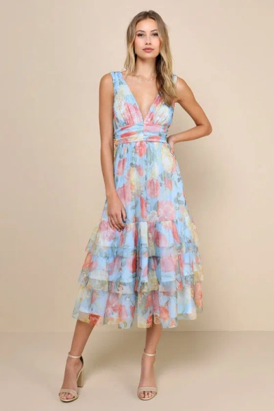 Lulus Perfectly Divine Blue Floral Tulle Tiered Ruffled Midi Dress