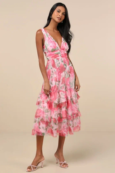 Lulus Perfectly Divine Pink Floral Tulle Tiered Ruffled Midi Dress