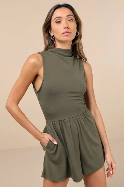 Lulus Perfectly Easygoing Olive Green Funnel Neck Cutout Lounge Romper