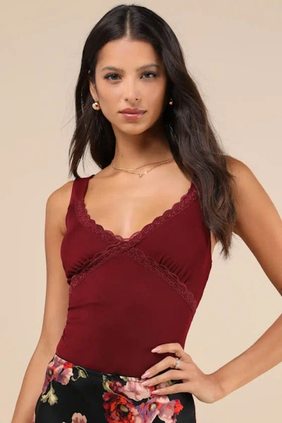 Lulus Perfectly Effortless Burgundy Mesh Lace Sleeveless Bodysuit
