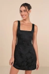 Lulus Perfectly Flirtatious Black Floral Jacquard Tie-back Mini Dress In Black