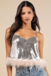 Lulus Perfectly Glowing Champagne Sequin Feather Cami Top In Champagne