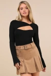 Lulus Perfectly Impressive Black Twist-front Long Sleeve Bodysuit In Black