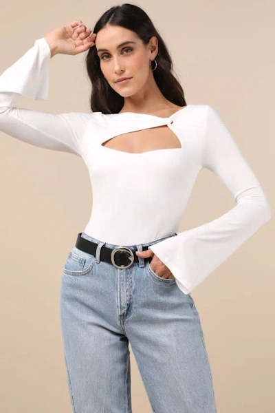 Lulus Perfectly Impressive White Twist-front Long Sleeve Bodysuit
