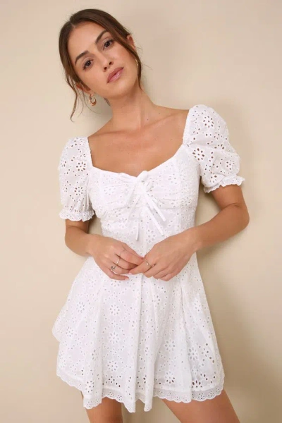 Lulus Perfectly Lovable White Eyelet Pleated Puff Sleeve Mini Dress