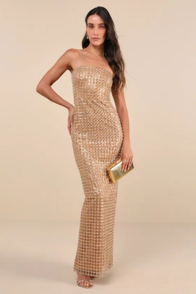 Lulus Perfectly Luxurious Tan Pearl Strapless Maxi Dress