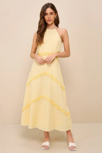 Lulus Perfectly Serene Light Yellow Eyelet Ruffled Tie-back Midi Dress