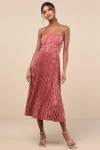 Lulus Perfectly Stunning Rusty Rose Jacquard Strapless Midi Dress In Pink