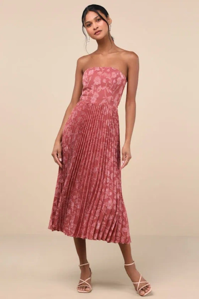 Lulus Perfectly Stunning Rusty Rose Jacquard Strapless Midi Dress In Pink