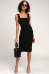 Lulus Persuasion Black Ruffled Bodycon Midi Dress In Black