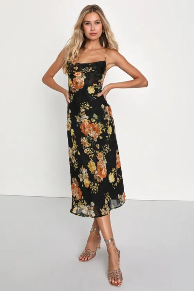 Lulus Petal Prowess Black Floral Print Lace-up Cowl Midi Dress