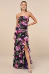Lulus Phenomenal Aura Plum Floral Ruched Tiered Strapless Maxi Dress In Purple