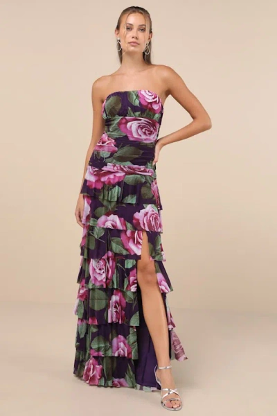 Lulus Phenomenal Aura Plum Floral Ruched Tiered Strapless Maxi Dress In Purple