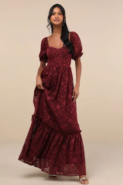 Lulus Phenomenal Sweetness Burgundy Floral Burnout Bustier Maxi Dress