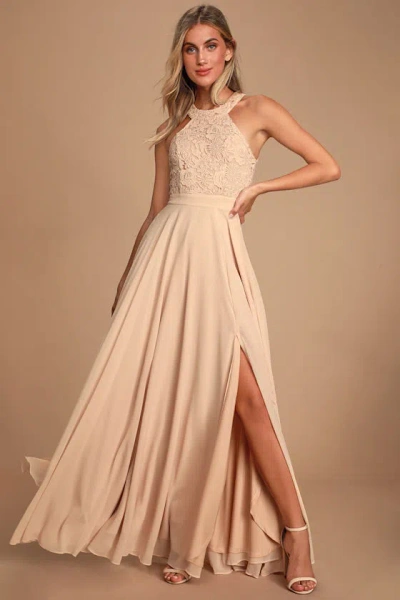 Lulus Picture Perfect Blush Lace Maxi Dress In Gold