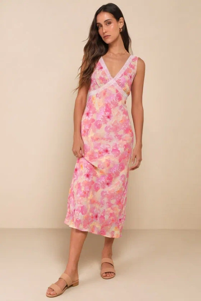 Lulus Picture-perfect Days Pink Multi Floral Lace V-neck Midi Dress