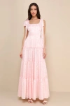 LULUS PICTURESQUE ALLURE BLUSH PINK JACQUARD TIE-STRAP MAXI DRESS