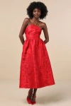 Lulus Picturesque Icon Red Jacquard Lace-up Strapless Midi Dress In Red