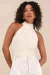 Lulus Pierina Cream Mesh Pearl Mock Neck Bodysuit